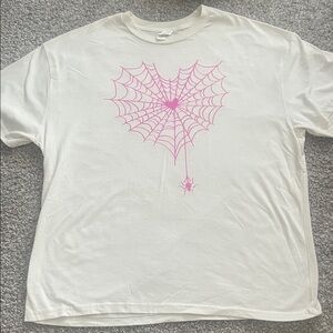White Tee with Pink Heart Spiderweb Graphic